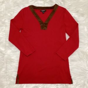 Ralph Lauren Women’s Red V Neck in Suede Brown Hem 3/4 Sleeve Ribbed Knit